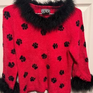 1980s Vintage Berek Sweater With Beaded Paw Prints And Feather Trim, Size Small